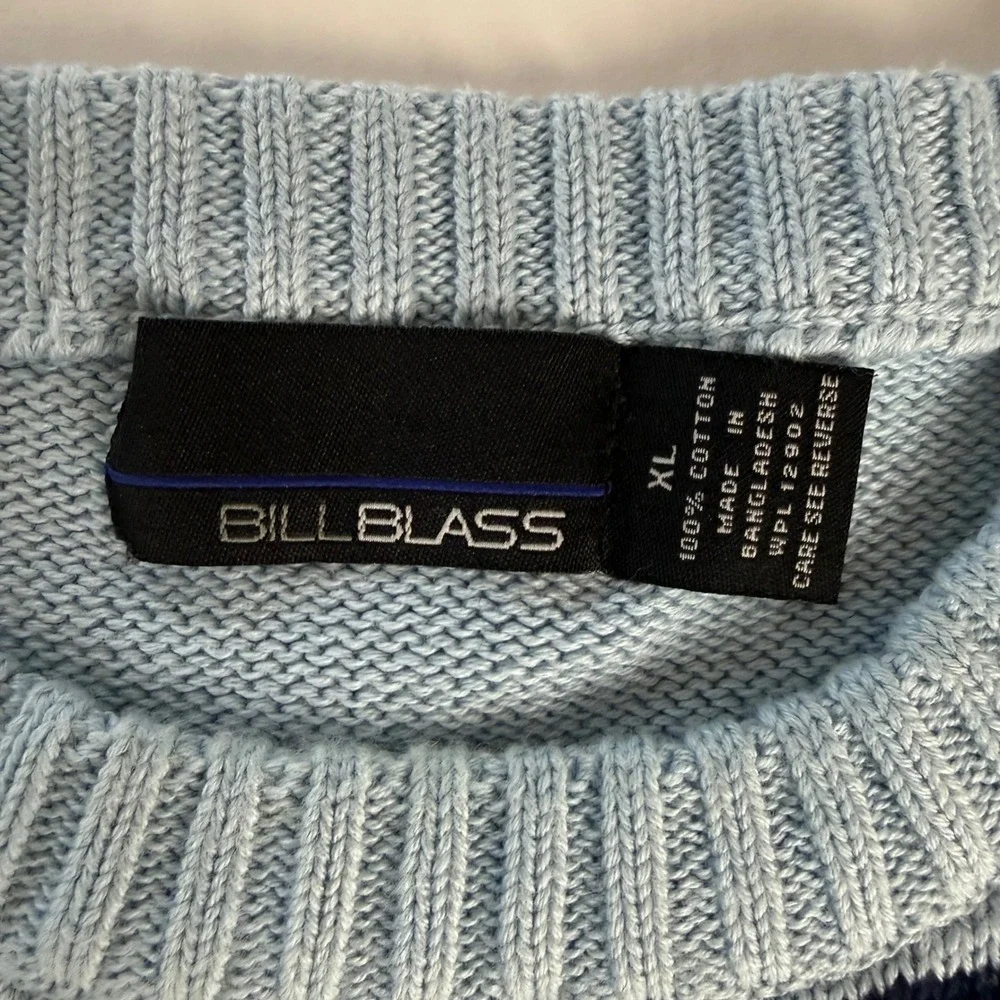 Bill‎ Blass Mens Light Blue Cotton Cable Knit Windowpane Crewneck Sweater XL